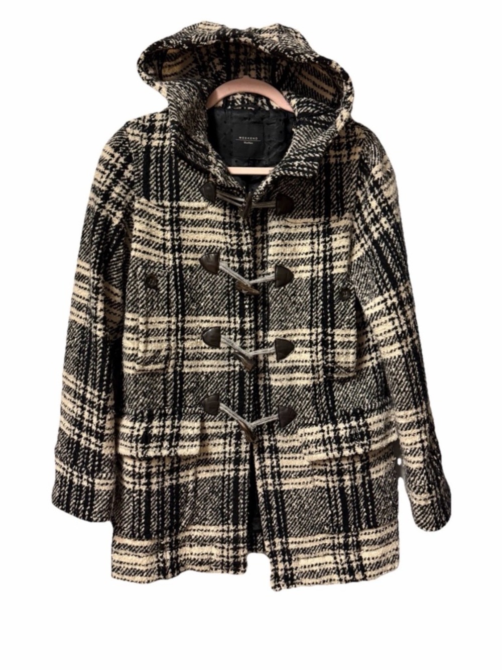 Weekend Max Mara Black & Cream Plaid Hooded Toggle Pea Coat‎